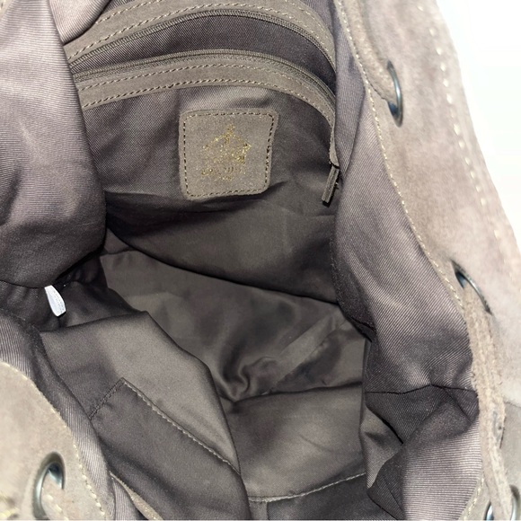 Crown Vintage Suede Drawstring Satchel Handbag. Brown with Gold Stud Accents - Picture 14 of 15